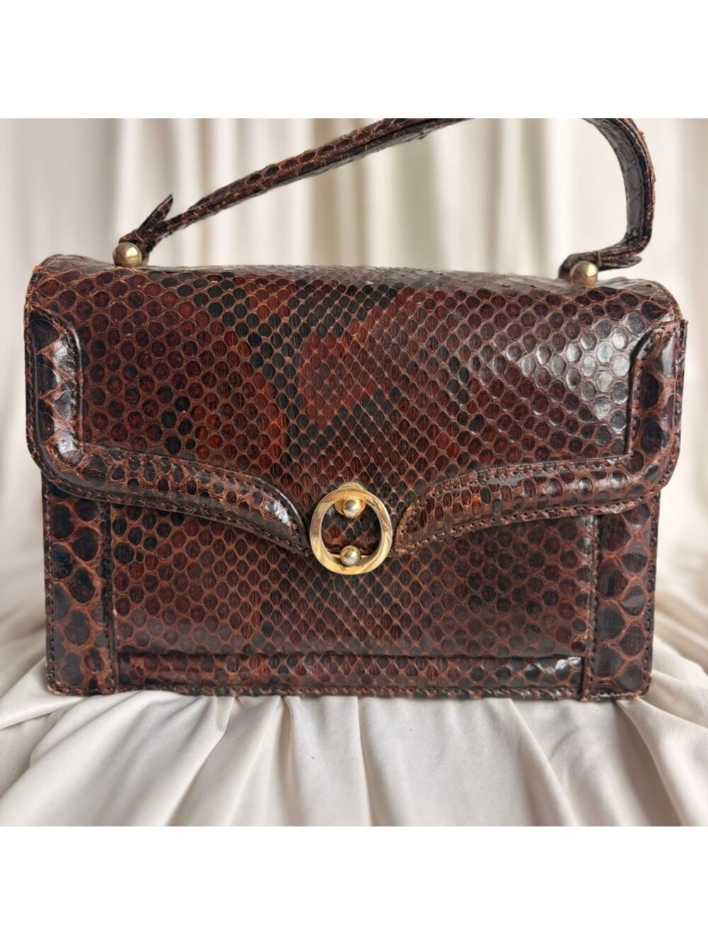 Vintage Kelly-Style Snakeskin Satchel - Brown, Gold Clasp, 1950s/60s